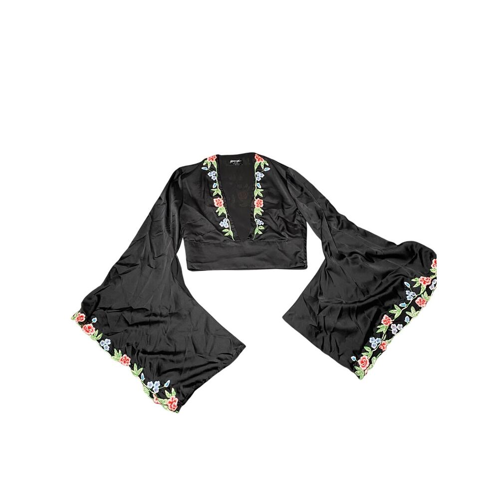 Nasty Gal On The Vine Black Satin Crop Top Dramatic Bell Sleeves -L